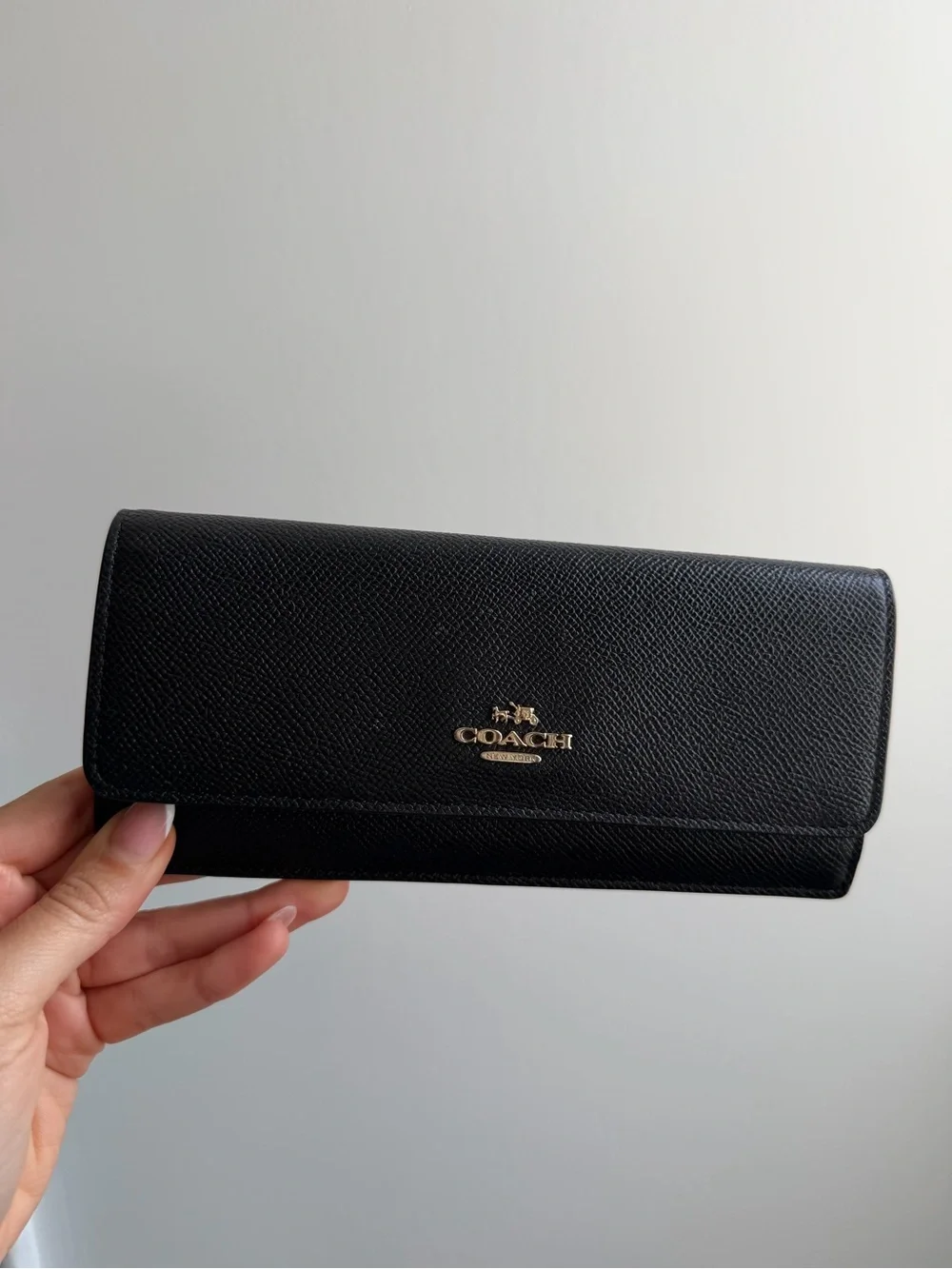 Coach Black Leather Continental Wallet with Gold Logo
